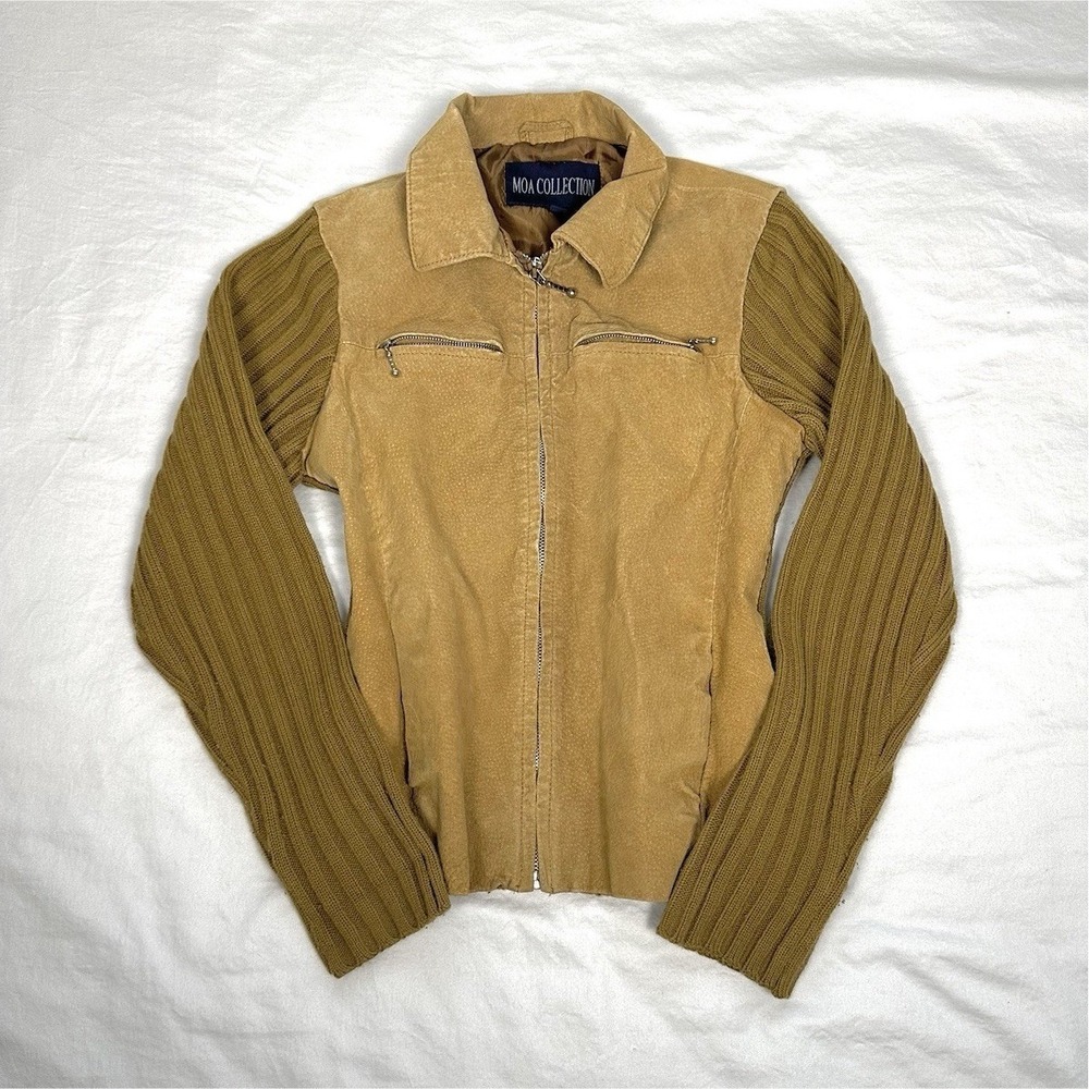 MOA COLLECTION tan brown zip up jacket collared zipped pockets long sleeve